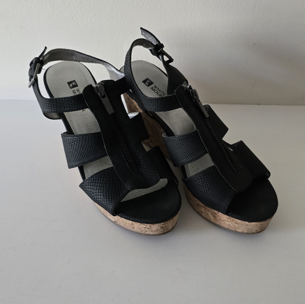 White Mountain Black Zip-Front Cork Wedge Sandals – Size 8.5